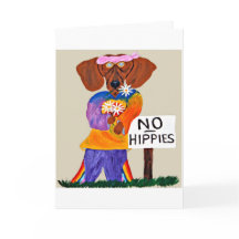 Dachshund Hippie bij bord 'Geen Hippies'