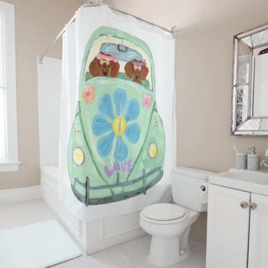 Dachshund Hippies in Flower Love Mobile Douchegordijn (In situ)