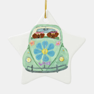 Dachshund Hippies In Hun Bloem Mobiel Keramisch Ornament