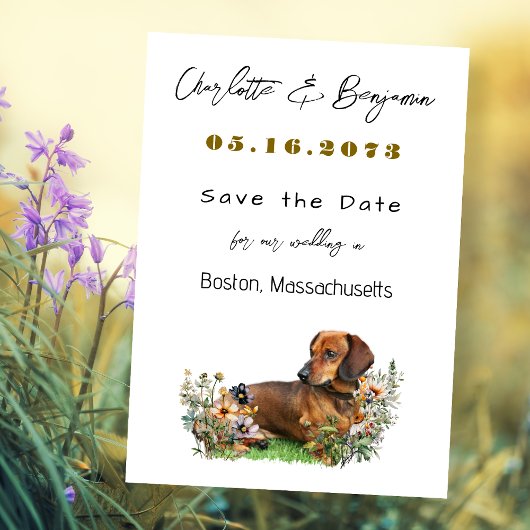 Dachshund-hond en veldbloemen Save the Date