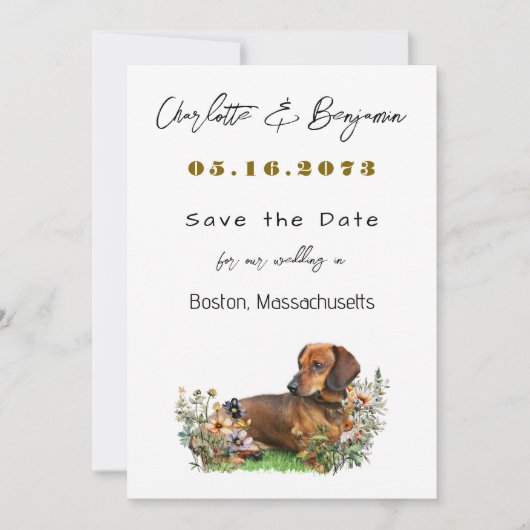 Dachshund-hond en wilde bloemen Save the Date (Voorkant)