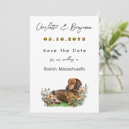 Dachshund-hond en wilde bloemen Save the Date (Staand voorkant)