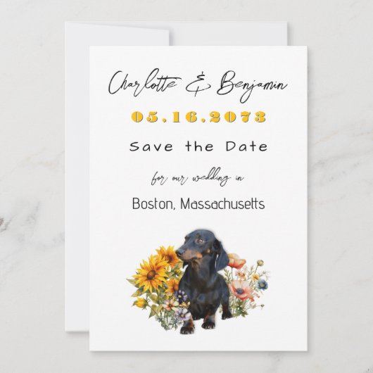 Dachshund hond en wilde bloemen Save the Date (Voorkant)