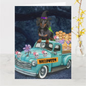 Dachshund hond Halloween vrachtwagen griezelige na Kaart (Gele Bloem)