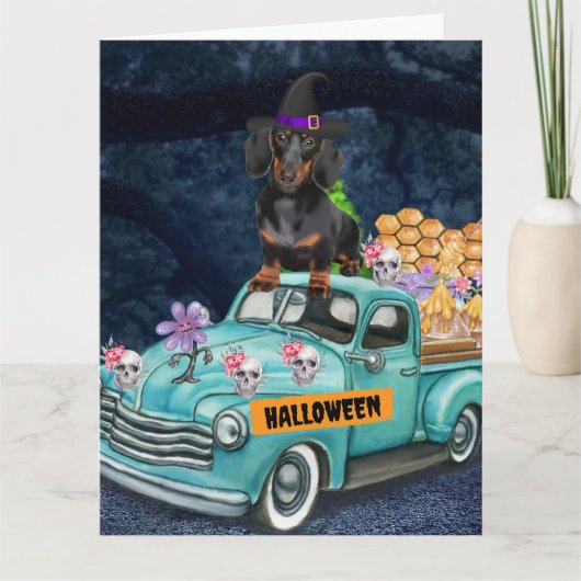 Dachshund hond Halloween vrachtwagen griezelige na Kaart (Voorkant)