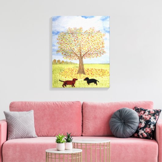 Dachshund Hond Herfst Tree Walk Canvas Afdruk (Insitu (Woonkamer))