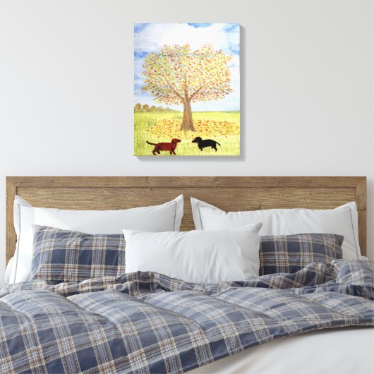 Dachshund Hond Herfst Tree Walk Canvas Afdruk (Insitu (Slaapkamer))