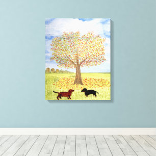 Dachshund Hond Herfst Tree Walk Canvas Afdruk