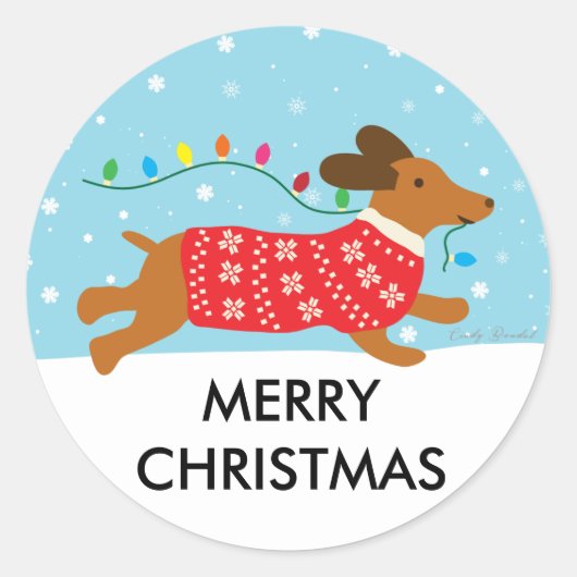 Dachshund Hond in de sneeuw Vrolijk Kerstfeest Ronde Sticker (Voorkant)