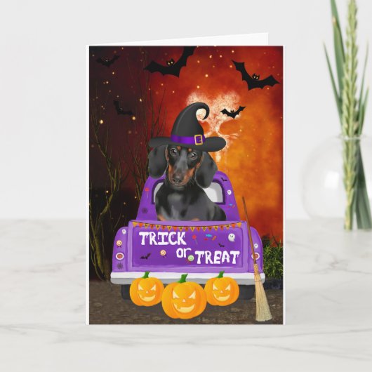 Dachshund Hond in Halloween Truck Kaart (Voorkant)