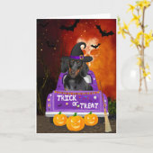Dachshund Hond in Halloween Truck Kaart (Gele Bloem)