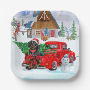 Dachshund-hond in Kerstbezorgingswagen Sneeuw Papieren Bordje