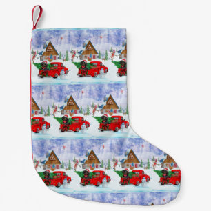 Dachshund hond in Kerstbezorgtruck Sneeuw Kleine Kerstsok