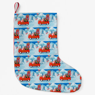 Dachshund hond in Kerstmis bezorgwagen Sneeuw Kleine Kerstsok