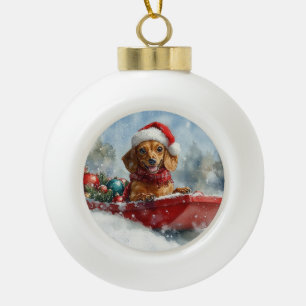 Dachshund-hond in slee laat het sneeuwen Kerstmis Keramische Bal Ornament