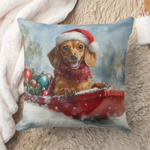 Dachshund-hond in slee laat het sneeuwen Kerstmis Kussen
