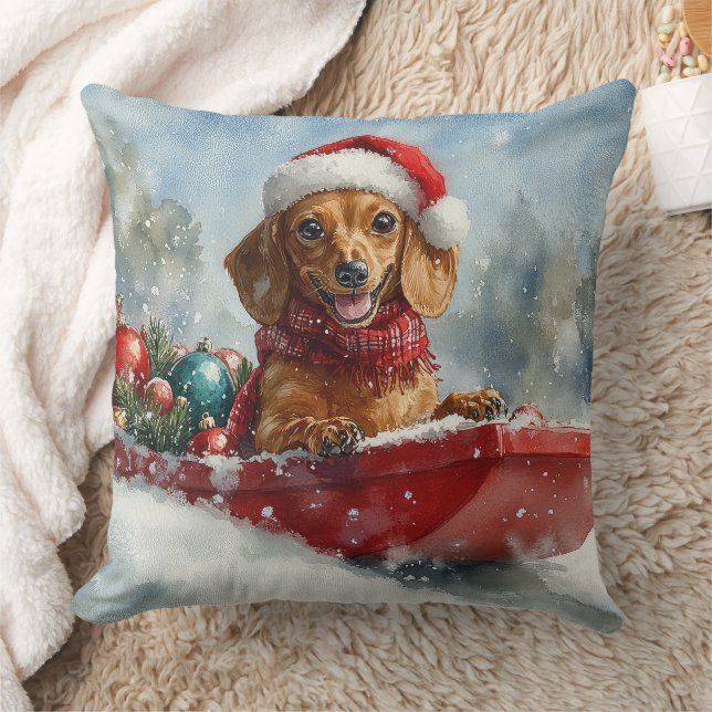 Dachshund-hond in slee laat het sneeuwen Kerstmis Kussen (Deken)