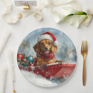 Dachshund-hond in slee laat het sneeuwen Kerstmis Papieren Bordje