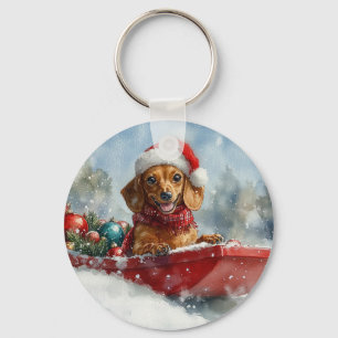 Dachshund-hond in slee laat het sneeuwen Kerstmis Sleutelhanger