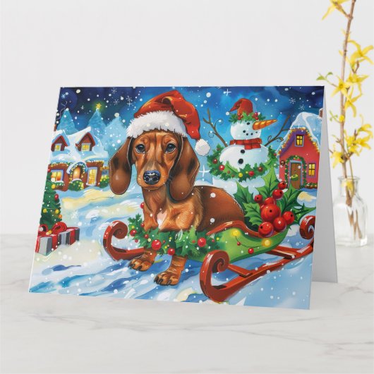 Dachshund-hond in slee sneeuw Kerstmis Kaart (Gele Bloem)