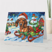 Dachshund-hond in slee sneeuw Kerstmis Kaart (Voorkant)