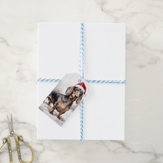 Dachshund Hond in Sneeuw Kerstmis Cadeaulabel (Met Touw)