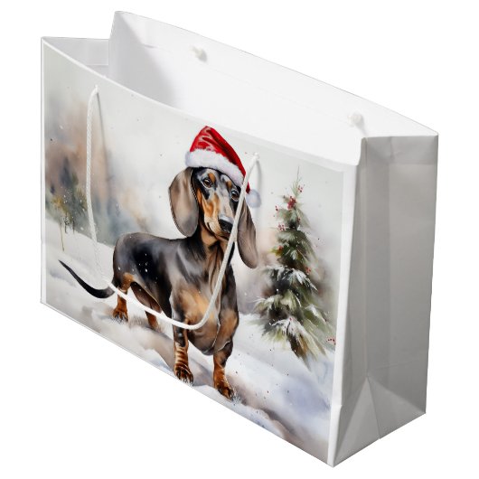 Dachshund Hond in Sneeuw Kerstmis Groot Cadeauzakje (Voorkant Gekanteld)