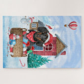 Dachshund-hond in sneeuw Kerstmis hondenhok Legpuzzel (Horizontaal)