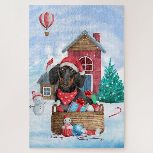 Dachshund-hond in sneeuw Kerstmis hondenhok Legpuzzel (Verticaal)