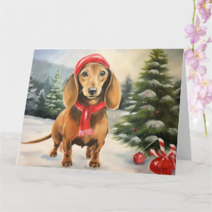 Dachshund Hond in Sneeuw Kerstmis Kaart