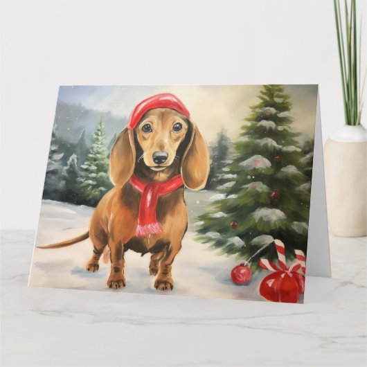 Dachshund Hond in Sneeuw Kerstmis Kaart (Voorkant)