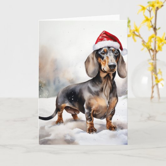Dachshund Hond in Sneeuw Kerstmis Kaart (Gele Bloem)