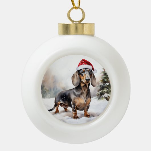 Dachshund Hond in Sneeuw Kerstmis Keramische Bal Ornament (Voorkant)