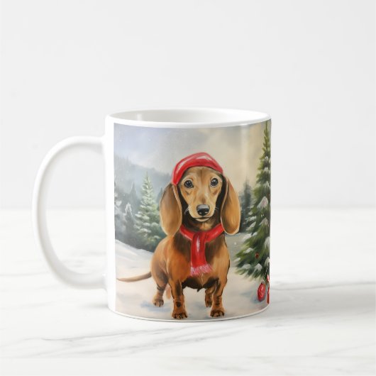 Dachshund Hond in Sneeuw Kerstmis Koffiemok (Links)