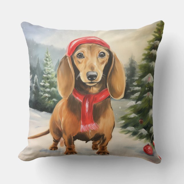 Dachshund Hond in Sneeuw Kerstmis Kussen (Voorkant)
