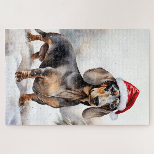 Dachshund Hond in Sneeuw Kerstmis Legpuzzel (Horizontaal)