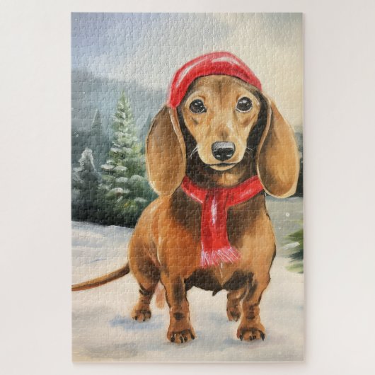 Dachshund Hond in Sneeuw Kerstmis Legpuzzel (Verticaal)