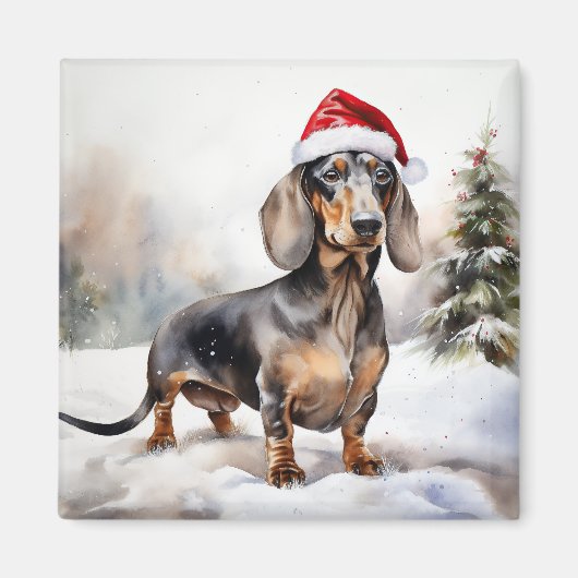 Dachshund Hond in Sneeuw Kerstmis Magneet (Voorkant)