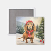 Dachshund Hond in Sneeuw Kerstmis Magneet (Voorkant / Achterkant)