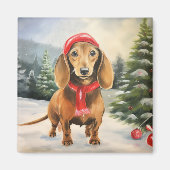 Dachshund Hond in Sneeuw Kerstmis Magneet (Voorkant)