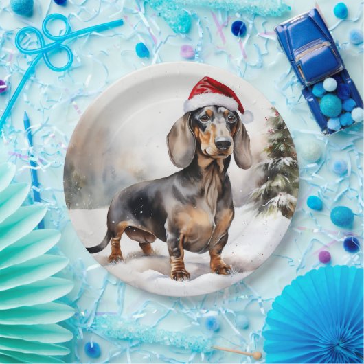 Dachshund Hond in Sneeuw Kerstmis Papieren Bordje (Feest)