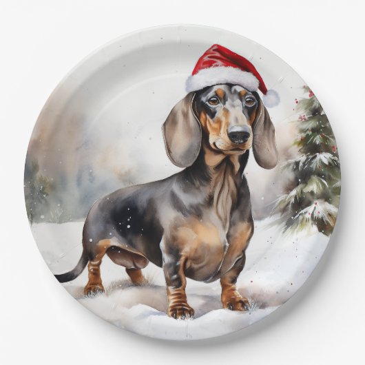 Dachshund Hond in Sneeuw Kerstmis Papieren Bordje (Voorkant)