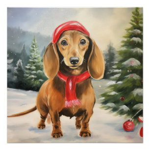 Dachshund Hond in Sneeuw Kerstmis Perfect Poster