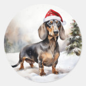 Dachshund Hond in Sneeuw Kerstmis Ronde Sticker (Voorkant)