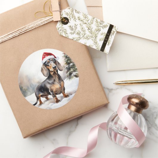 Dachshund Hond in Sneeuw Kerstmis Ronde Sticker (Geschenken)