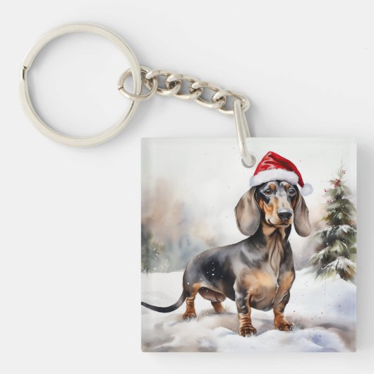 Dachshund Hond in Sneeuw Kerstmis Sleutelhanger (Voorkant)