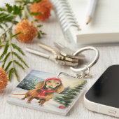 Dachshund Hond in Sneeuw Kerstmis Sleutelhanger (Voorkant Rechts)