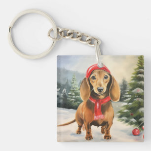 Dachshund Hond in Sneeuw Kerstmis Sleutelhanger