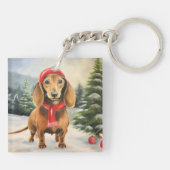 Dachshund Hond in Sneeuw Kerstmis Sleutelhanger (Achterkant)