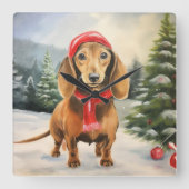 Dachshund Hond in Sneeuw Kerstmis Vierkante Klok (Voorkant)